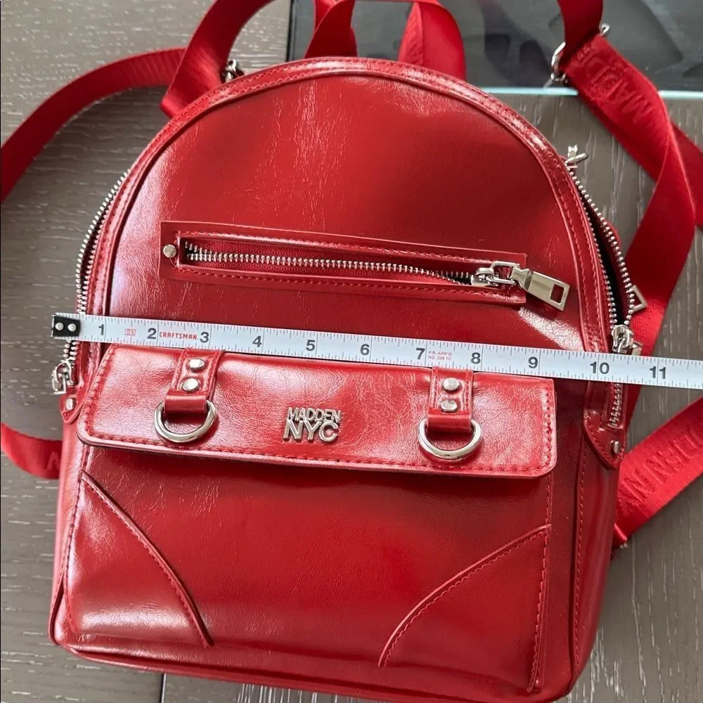 Madden NYC Red Patent Faux Leather Backpack Travel Everyday Wear Bag Casual EUC